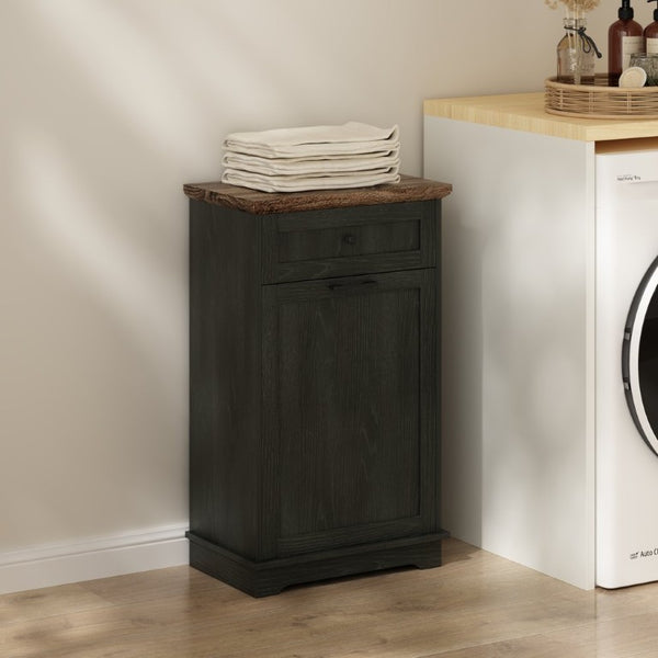 English Elm 10 Gallon Tilt Out Wood Trash Cabinet with Drawer Hideaway Bin Enclosure for Kitchen Antique Black W808P498760