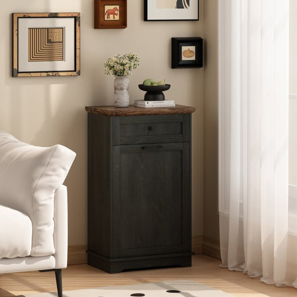 English Elm 10 Gallon Tilt Out Wood Trash Cabinet with Drawer Hideaway Bin Enclosure for Kitchen Antique Black W808P498760