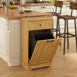 English Elm 10 Gallon Tilt Out Wood Trash Cabinet with Drawer Hideaway Bin Enclosure for Kitchen Natural W808P498761