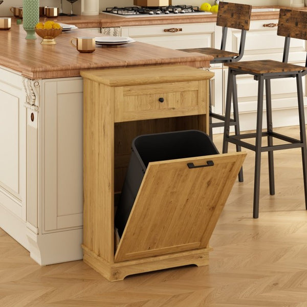 English Elm 10 Gallon Tilt Out Wood Trash Cabinet with Drawer Hideaway Bin Enclosure for Kitchen Natural W808P498761