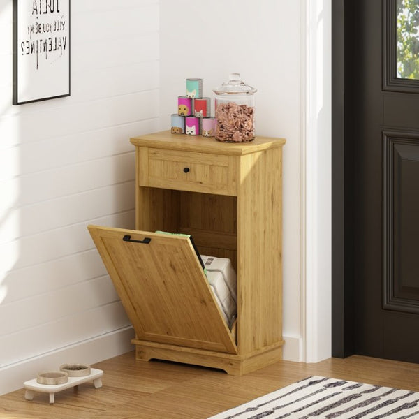 English Elm 10 Gallon Tilt Out Wood Trash Cabinet with Drawer Hideaway Bin Enclosure for Kitchen Natural W808P498761