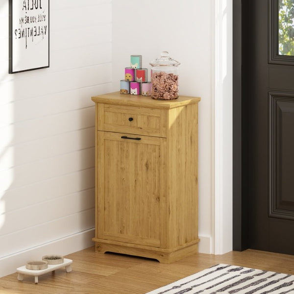 English Elm 10 Gallon Tilt Out Wood Trash Cabinet with Drawer Hideaway Bin Enclosure for Kitchen Natural W808P498761