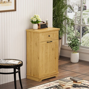 English Elm 10 Gallon Tilt Out Wood Trash Cabinet with Drawer Hideaway Bin Enclosure for Kitchen Natural W808P498761