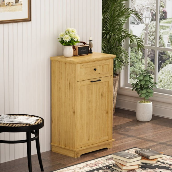 English Elm 10 Gallon Tilt Out Wood Trash Cabinet with Drawer Hideaway Bin Enclosure for Kitchen Natural W808P498761