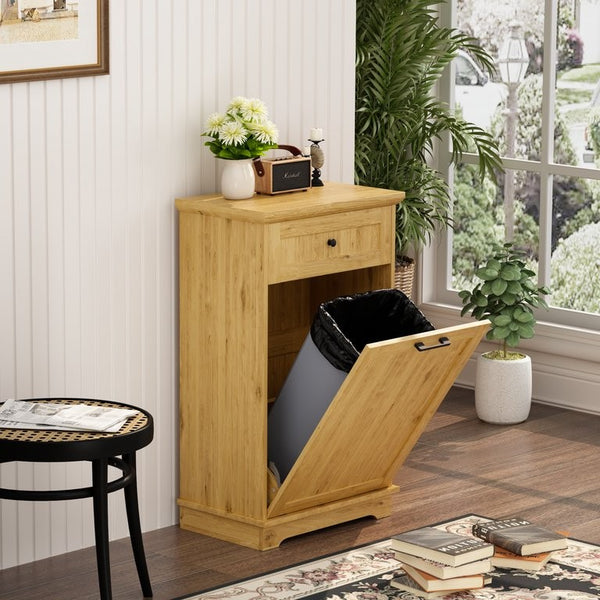 English Elm 10 Gallon Tilt Out Wood Trash Cabinet with Drawer Hideaway Bin Enclosure for Kitchen Natural W808P498761