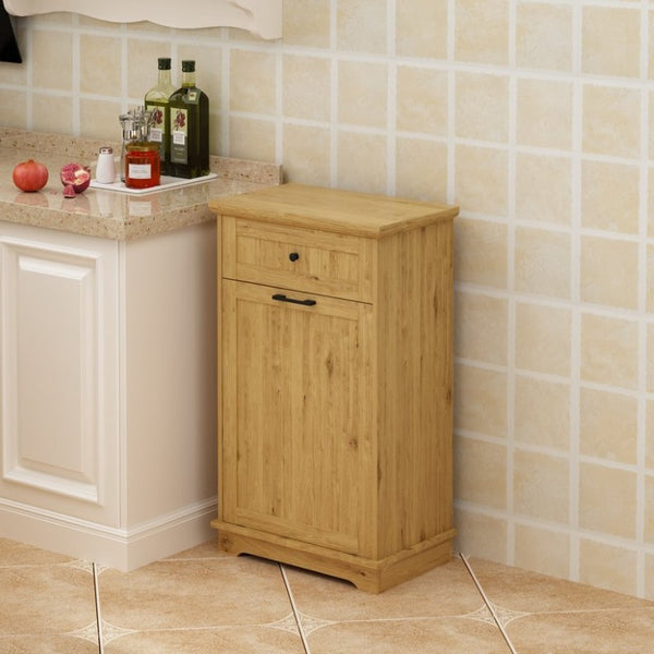 English Elm 10 Gallon Tilt Out Wood Trash Cabinet with Drawer Hideaway Bin Enclosure for Kitchen Natural W808P498761