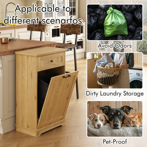 English Elm 10 Gallon Tilt Out Wood Trash Cabinet with Drawer Hideaway Bin Enclosure for Kitchen Natural W808P498761