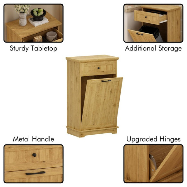 English Elm 10 Gallon Tilt Out Wood Trash Cabinet with Drawer Hideaway Bin Enclosure for Kitchen Natural W808P498761