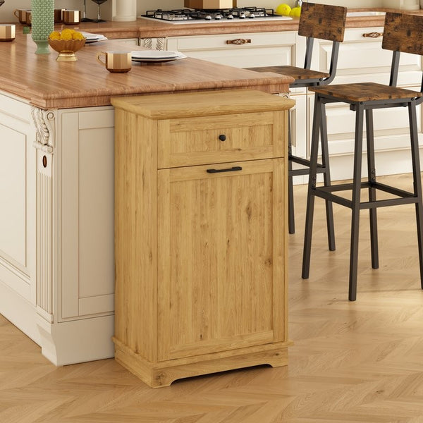English Elm 10 Gallon Tilt Out Wood Trash Cabinet with Drawer Hideaway Bin Enclosure for Kitchen Natural W808P498761