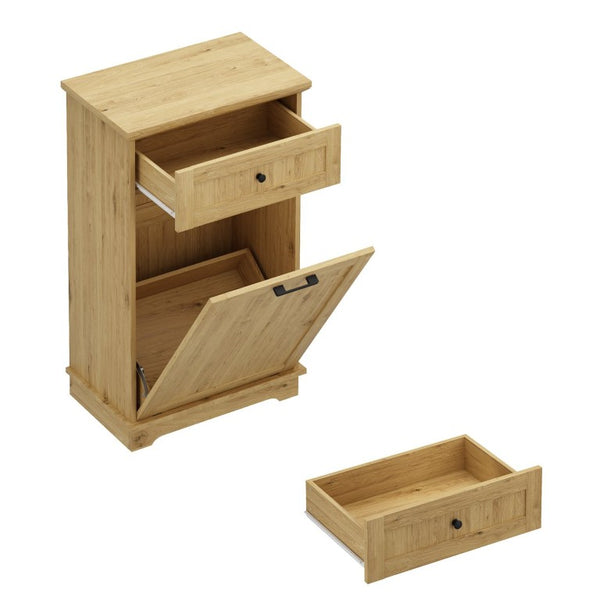 English Elm 10 Gallon Tilt Out Wood Trash Cabinet with Drawer Hideaway Bin Enclosure for Kitchen Natural W808P498761