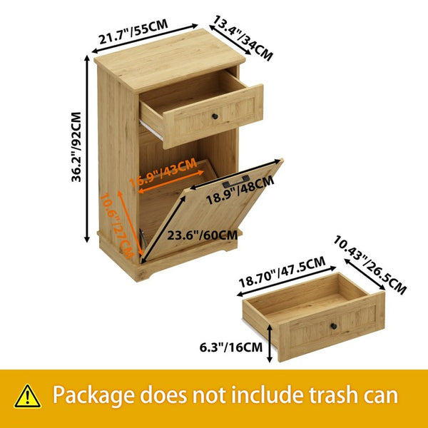 English Elm 10 Gallon Tilt Out Wood Trash Cabinet with Drawer Hideaway Bin Enclosure for Kitchen Natural W808P498761