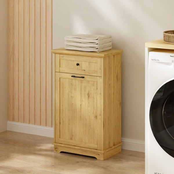 English Elm 10 Gallon Tilt Out Wood Trash Cabinet with Drawer Hideaway Bin Enclosure for Kitchen Natural W808P498761