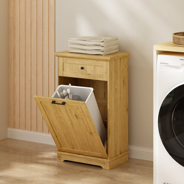 English Elm 10 Gallon Tilt Out Wood Trash Cabinet with Drawer Hideaway Bin Enclosure for Kitchen Natural W808P498761