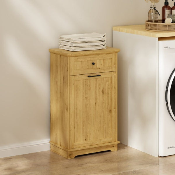 English Elm 10 Gallon Tilt Out Wood Trash Cabinet with Drawer Hideaway Bin Enclosure for Kitchen Natural W808P498761