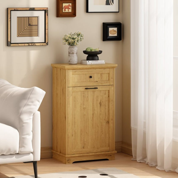 English Elm 10 Gallon Tilt Out Wood Trash Cabinet with Drawer Hideaway Bin Enclosure for Kitchen Natural W808P498761