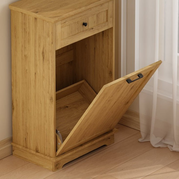English Elm 10 Gallon Tilt Out Wood Trash Cabinet with Drawer Hideaway Bin Enclosure for Kitchen Natural W808P498761