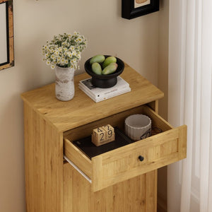 English Elm 10 Gallon Tilt Out Wood Trash Cabinet with Drawer Hideaway Bin Enclosure for Kitchen Natural W808P498761