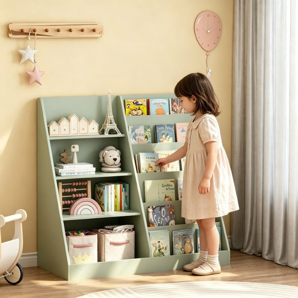 English Elm Kids Four Tier Wooden Bookcase with Open Shelving and Toy Bin for Nursery Playroom W808P541291