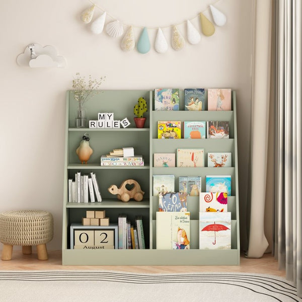 English Elm Kids Four Tier Wooden Bookcase with Open Shelving and Toy Bin for Nursery Playroom W808P541291