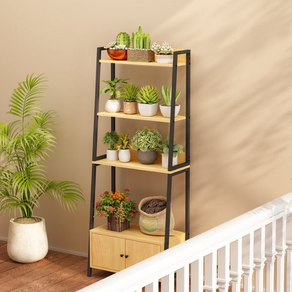 English Elm 5-Tier Ladder Bookcase with Cabinet Steel Frame Wood Grain Open Shelving for Small Spaces W808P554642