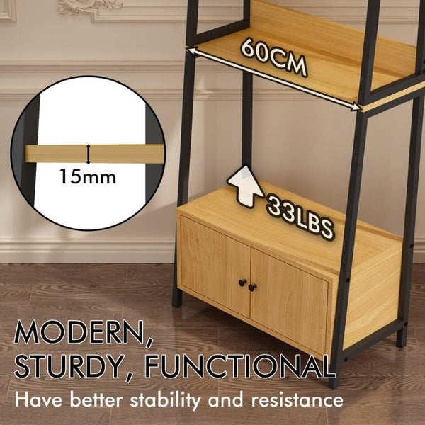 English Elm 5-Tier Ladder Bookcase with Cabinet Steel Frame Wood Grain Open Shelving for Small Spaces W808P554642