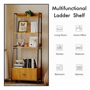 English Elm 5-Tier Ladder Bookcase with Cabinet Steel Frame Wood Grain Open Shelving for Small Spaces W808P554642