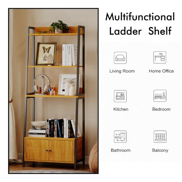 English Elm 5-Tier Ladder Bookcase with Cabinet Steel Frame Wood Grain Open Shelving for Small Spaces W808P554642