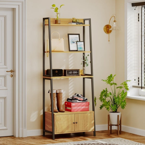 English Elm 5-Tier Ladder Bookcase with Cabinet Steel Frame Wood Grain Open Shelving for Small Spaces W808P554642