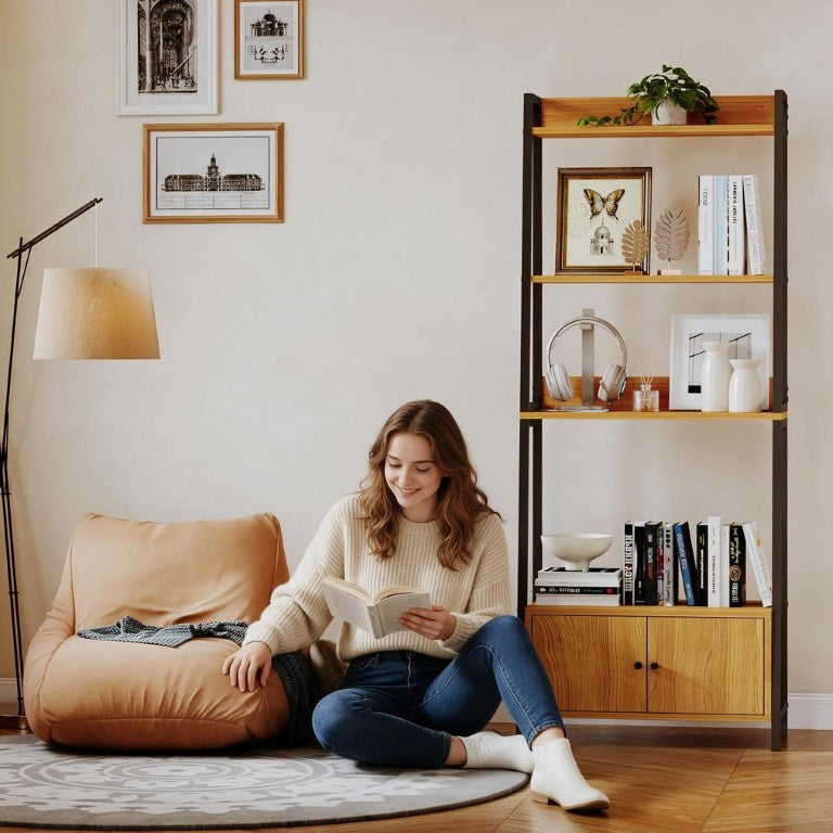 English Elm 5-Tier Ladder Bookcase with Cabinet Steel Frame Wood Grain Open Shelving for Small Spaces W808P554642