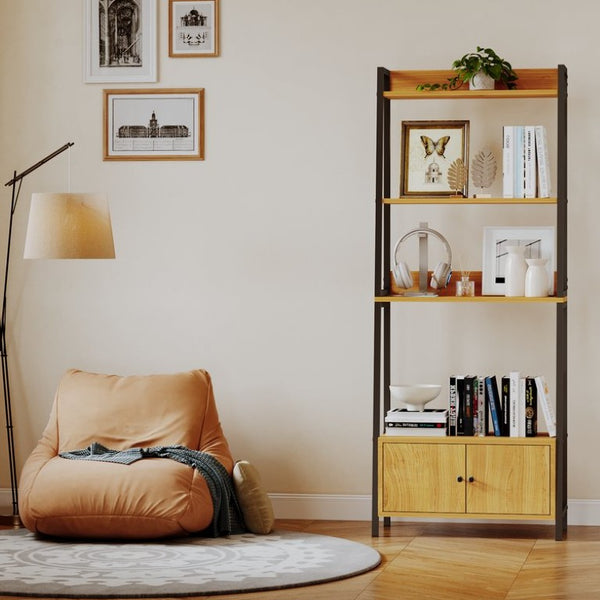 English Elm 5-Tier Ladder Bookcase with Cabinet Steel Frame Wood Grain Open Shelving for Small Spaces W808P554642