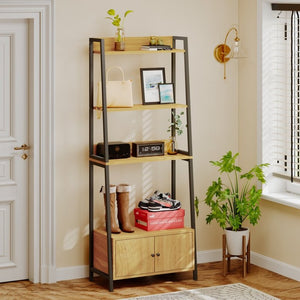 English Elm 5-Tier Ladder Bookcase with Cabinet Steel Frame Wood Grain Open Shelving for Small Spaces W808P554642