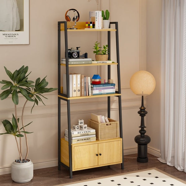 English Elm 5-Tier Ladder Bookcase with Cabinet Steel Frame Wood Grain Open Shelving for Small Spaces W808P554642