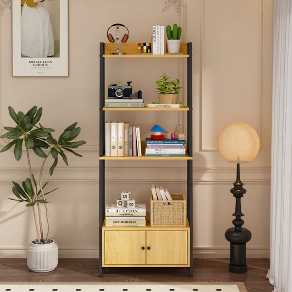 English Elm 5-Tier Ladder Bookcase with Cabinet Steel Frame Wood Grain Open Shelving for Small Spaces W808P554642