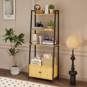 English Elm 5-Tier Ladder Bookcase with Cabinet Steel Frame Wood Grain Open Shelving for Small Spaces W808P554642