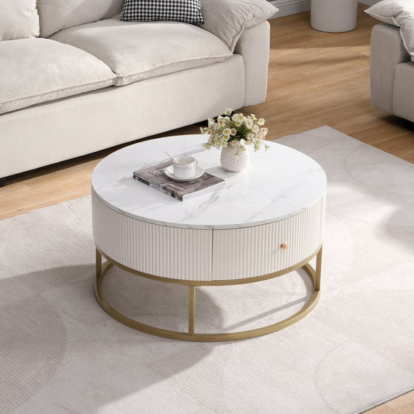 English Elm 31.5 Inch Round Faux Marble Coffee Table with Dual Drawers for Modern Living Rooms W821P184399