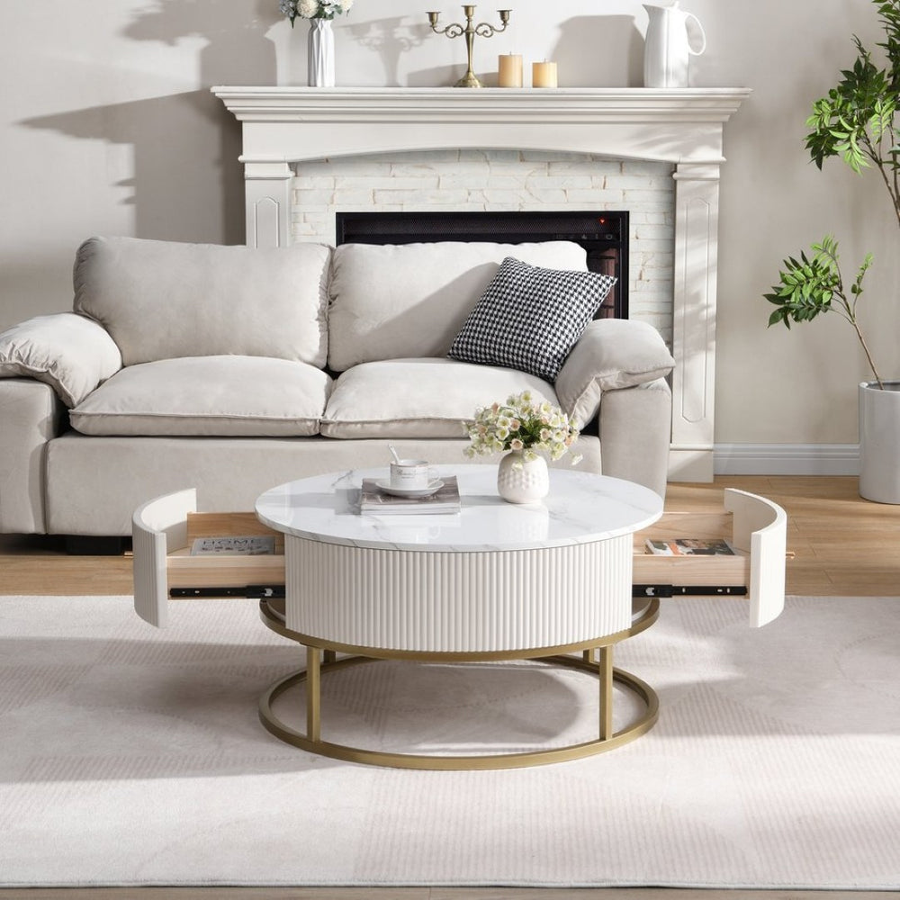English Elm 31.5 Inch Round Faux Marble Coffee Table with Dual Drawers for Modern Living Rooms W821P184399