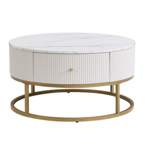 English Elm 31.5 Inch Round Faux Marble Coffee Table with Dual Drawers for Modern Living Rooms W821P184399