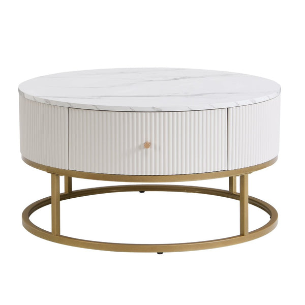 English Elm 31.5 Inch Round Faux Marble Coffee Table with Dual Drawers for Modern Living Rooms W821P184399
