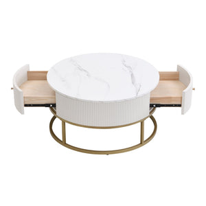 English Elm 31.5 Inch Round Faux Marble Coffee Table with Dual Drawers for Modern Living Rooms W821P184399