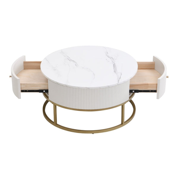English Elm 31.5 Inch Round Faux Marble Coffee Table with Dual Drawers for Modern Living Rooms W821P184399
