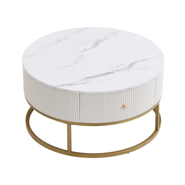 English Elm 31.5 Inch Round Faux Marble Coffee Table with Dual Drawers for Modern Living Rooms W821P184399