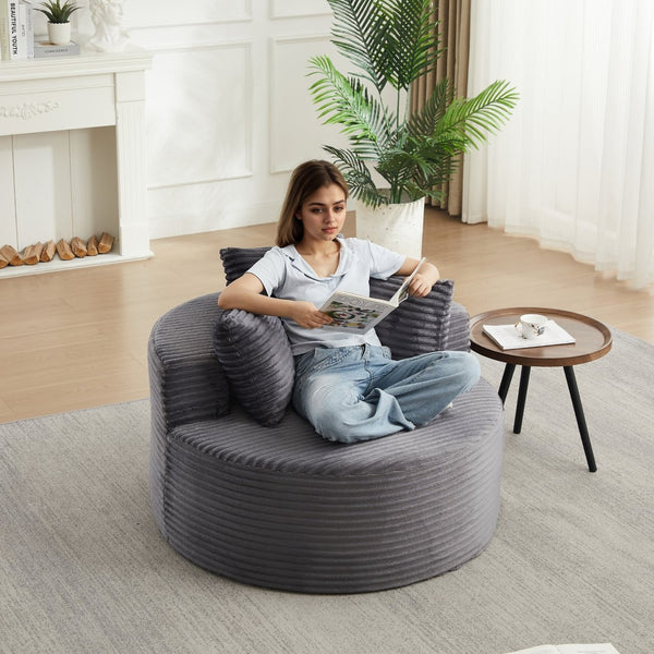 English Elm 43-inch Corduroy Round Lounge Chair Wraparound Armrest Spring Cushion for Bedroom Grey W834P491347
