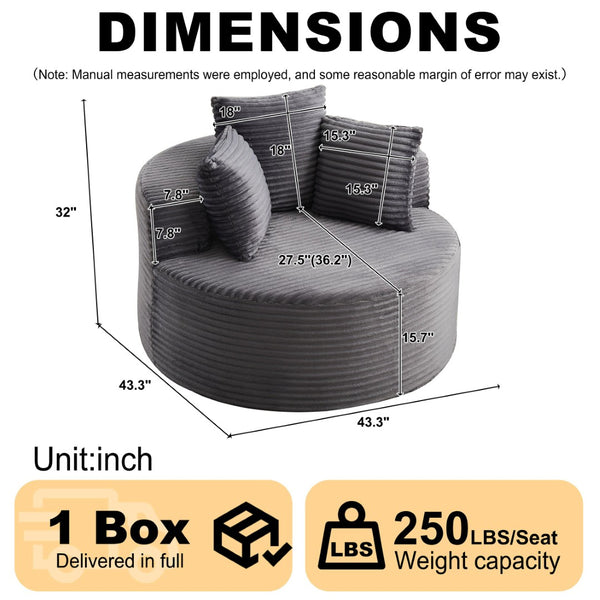 English Elm 43-inch Corduroy Round Lounge Chair Wraparound Armrest Spring Cushion for Bedroom Grey W834P491347