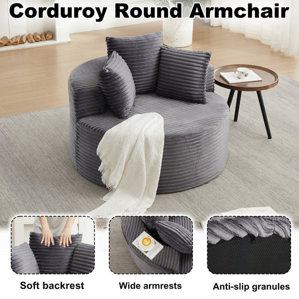English Elm 43-inch Corduroy Round Lounge Chair Wraparound Armrest Spring Cushion for Bedroom Grey W834P491347