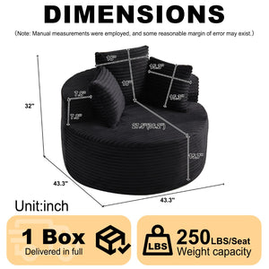 English Elm 43-inch Corduroy Round Lounge Chair Wraparound Armrest Spring Cushion for Bedroom Black W834P491348