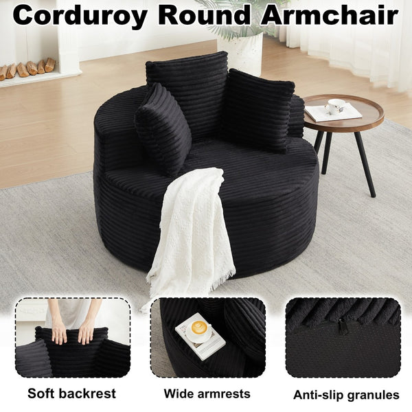 English Elm 43-inch Corduroy Round Lounge Chair Wraparound Armrest Spring Cushion for Bedroom Black W834P491348
