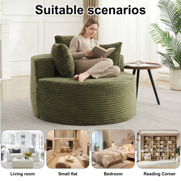 English Elm 43-inch Corduroy Round Lounge Chair Wraparound Armrest Spring Cushion for Bedroom Green W834P491349