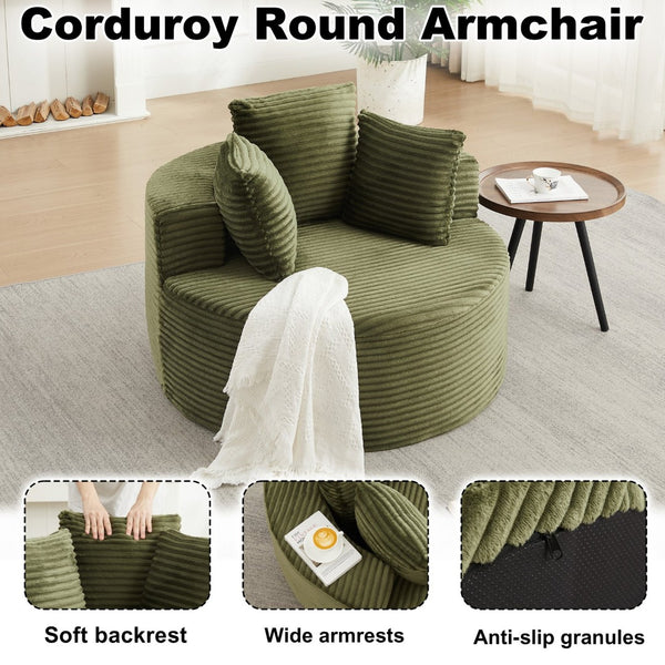 English Elm 43-inch Corduroy Round Lounge Chair Wraparound Armrest Spring Cushion for Bedroom Green W834P491349