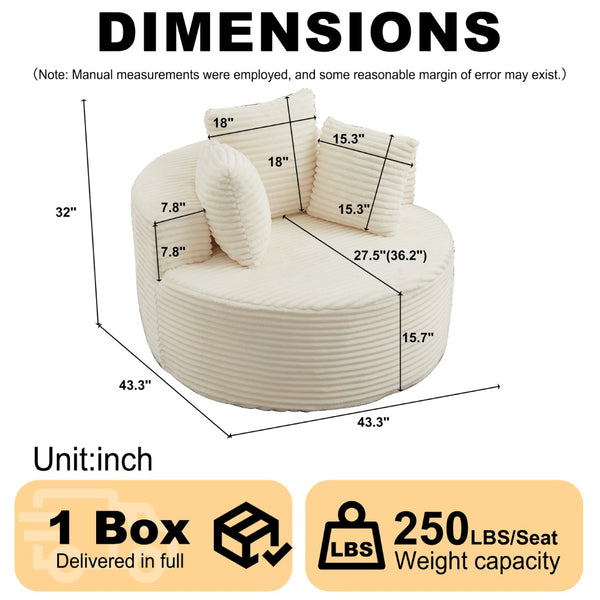 English Elm 43-inch Corduroy Round Lounge Chair Wraparound Armrest Spring Cushion for Bedroom Beige W834P491351
