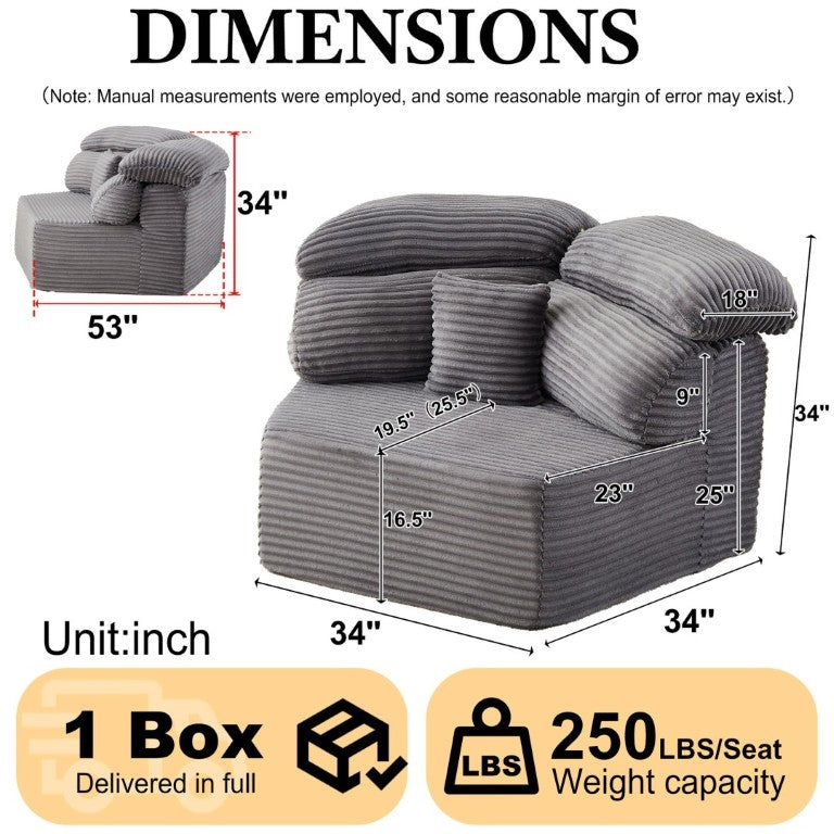 English Elm 53-Inch Cream Corduroy Lounge Chair Pentagonal Modular Design with Wraparound Pillows Grey W834P514615